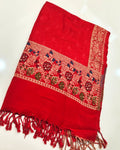 Kashmiri Wool Shawl with Floral Jacquard Border- Red