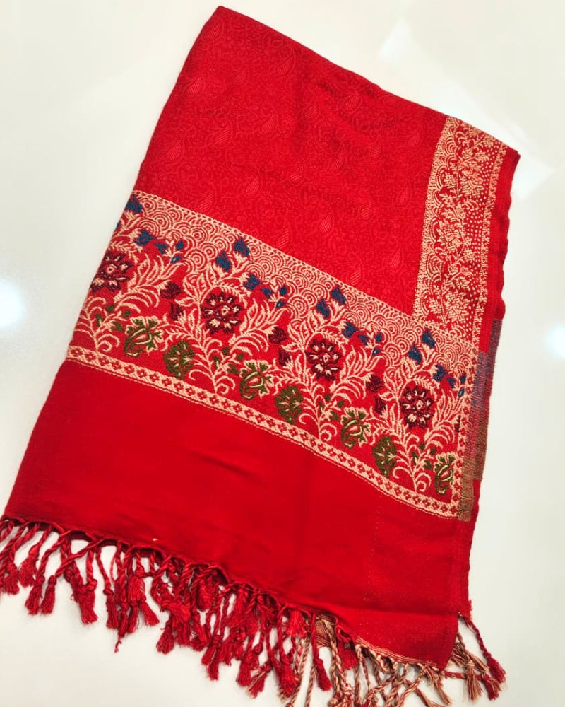 Kashmiri Wool Shawl with Floral Jacquard Border- Red