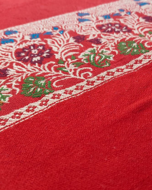 Kashmiri Wool Shawl with Floral Jacquard Border- Red