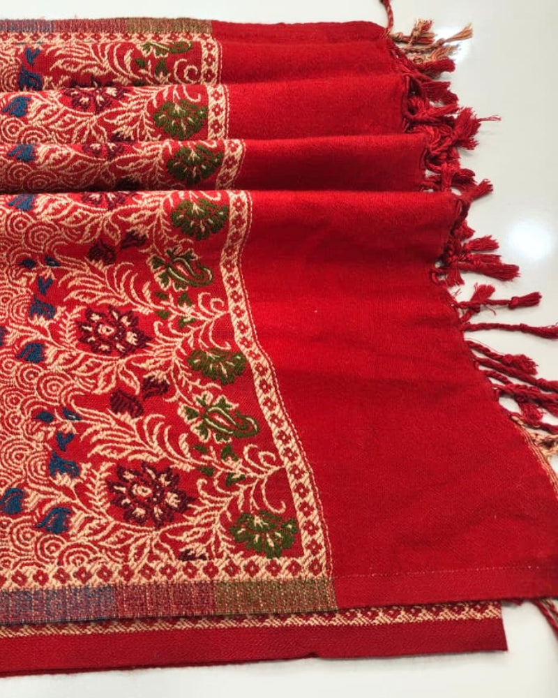 Kashmiri Wool Shawl with Floral Jacquard Border- Red