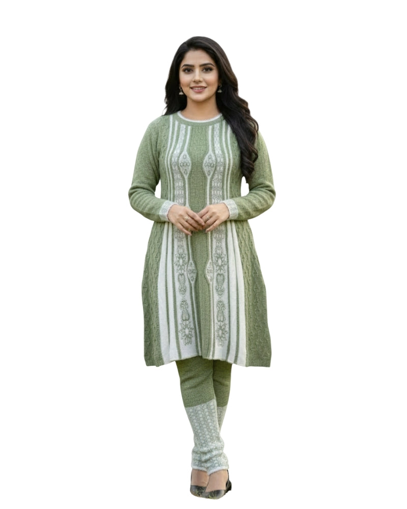 Full Sleeve Knee Length Woolen Fabric Pista Color 3 PC Kurti Set For Women