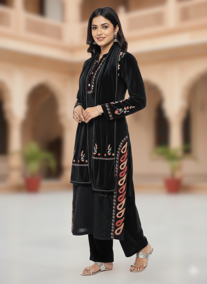 KRITI Winter Velvet 3 Piece Kurti Set Black Color For Women