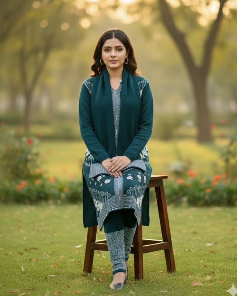 प्रीमियम 3-पीस ऊनी विंटर कुर्ती सेट | बॉटम और स्टोल के साथ बुना हुआ कुर्ता | M-XXL साइज़