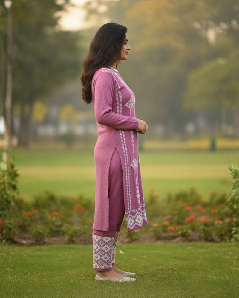 प्रीमियम 3-पीस ऊनी विंटर कुर्ती सेट | बॉटम और स्टोल के साथ बुना हुआ कुर्ता | M-XXL साइज़