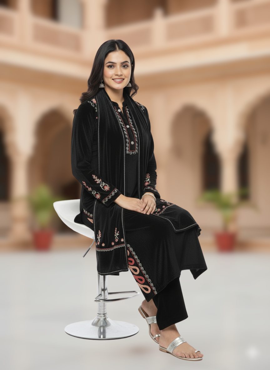 KRITI Winter Velvet 3 Piece Kurti Set Black Color For Women