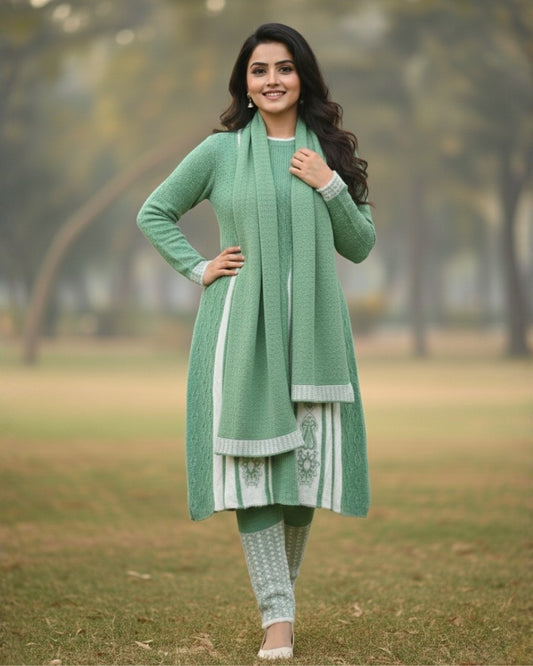 Full Sleeve Knee Length Woolen Fabric Olive Color 3 PC Kurti Set For Women