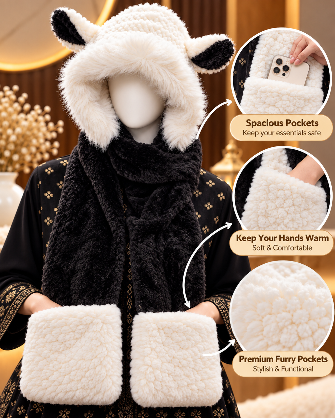 Faux Fur Teddy Bear Hooded Cap with Neck Warmer - Panda