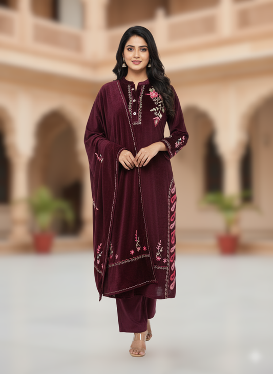 KRITI Winter Velvet 3 Piece Kurti Set Maroon Color For Women