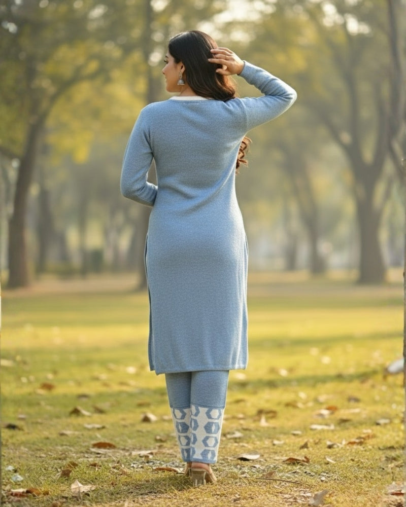 Women's Geometric Print SkyBlue Color Woolen Kurti Set  | Warm Winter 3-Piece Suit
