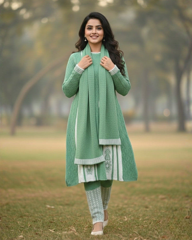 Full Sleeve Knee Length Woolen Fabric Olive Color 3 PC Kurti Set For Women