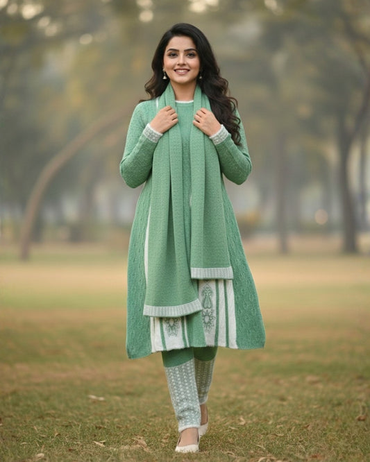 Full Sleeve Knee Length Woolen Fabric Olive Color 3 PC Kurti Set For Women