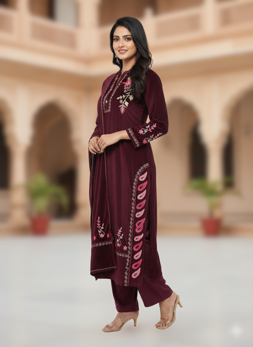 KRITI Winter Velvet 3 Piece Kurti Set Maroon Color For Women