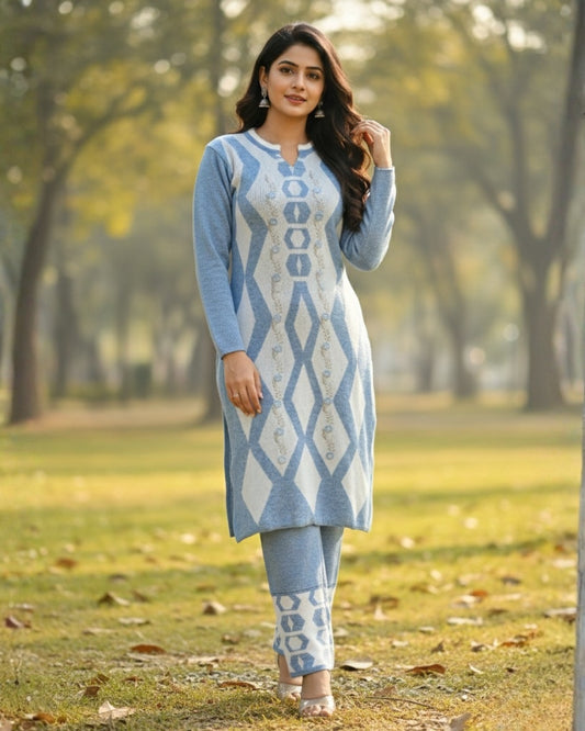 Women's Geometric Print SkyBlue Color Woolen Kurti Set  | Warm Winter 3-Piece Suit