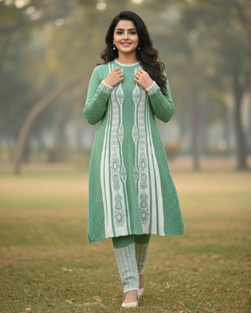 Full Sleeve Knee Length Woolen Fabric Olive Color 3 PC Kurti Set For Women