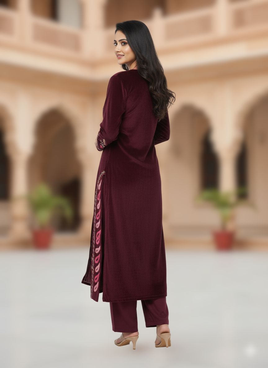 KRITI Winter Velvet 3 Piece Kurti Set Maroon Color For Women