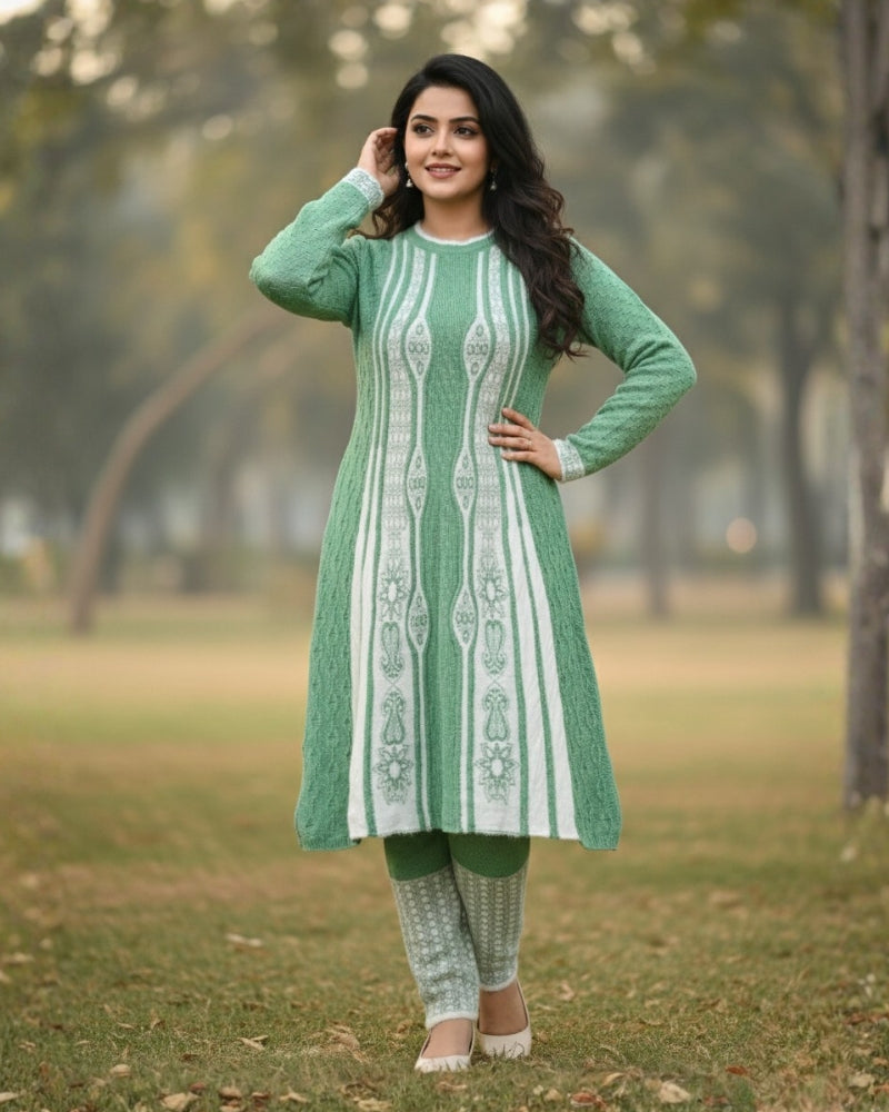 Full Sleeve Knee Length Woolen Fabric Olive Color 3 PC Kurti Set For Women