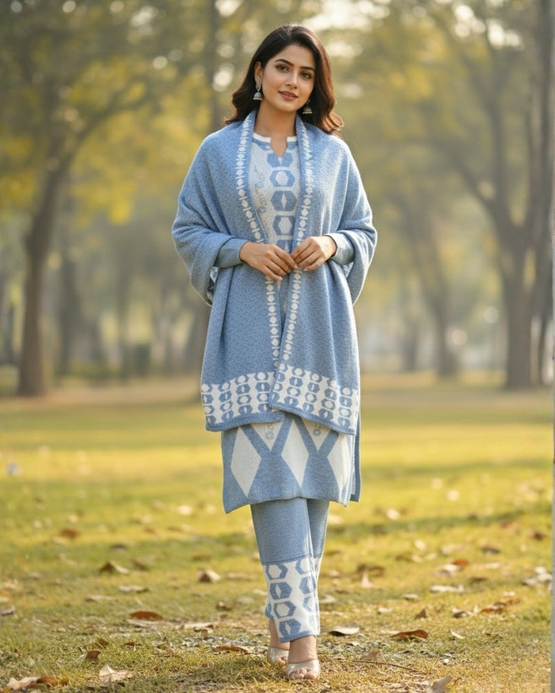 Women's Geometric Print SkyBlue Color Woolen Kurti Set  | Warm Winter 3-Piece Suit