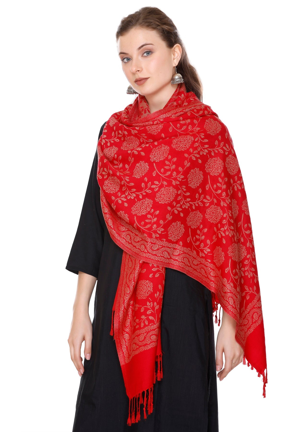 Floral Pattern Woollen Winter Stole - Red