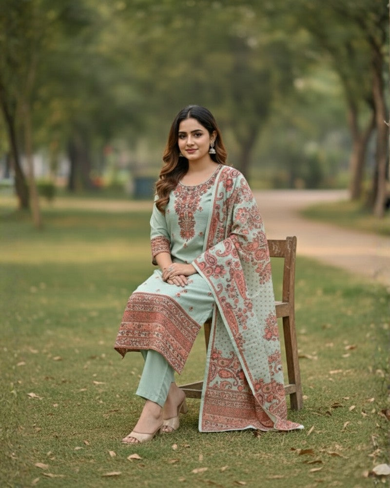 KRITI ऊनी डिजिटल प्रिंट सिले सूट पिस्ता रंग महिलाओं के लिए सर्दियों के लिए