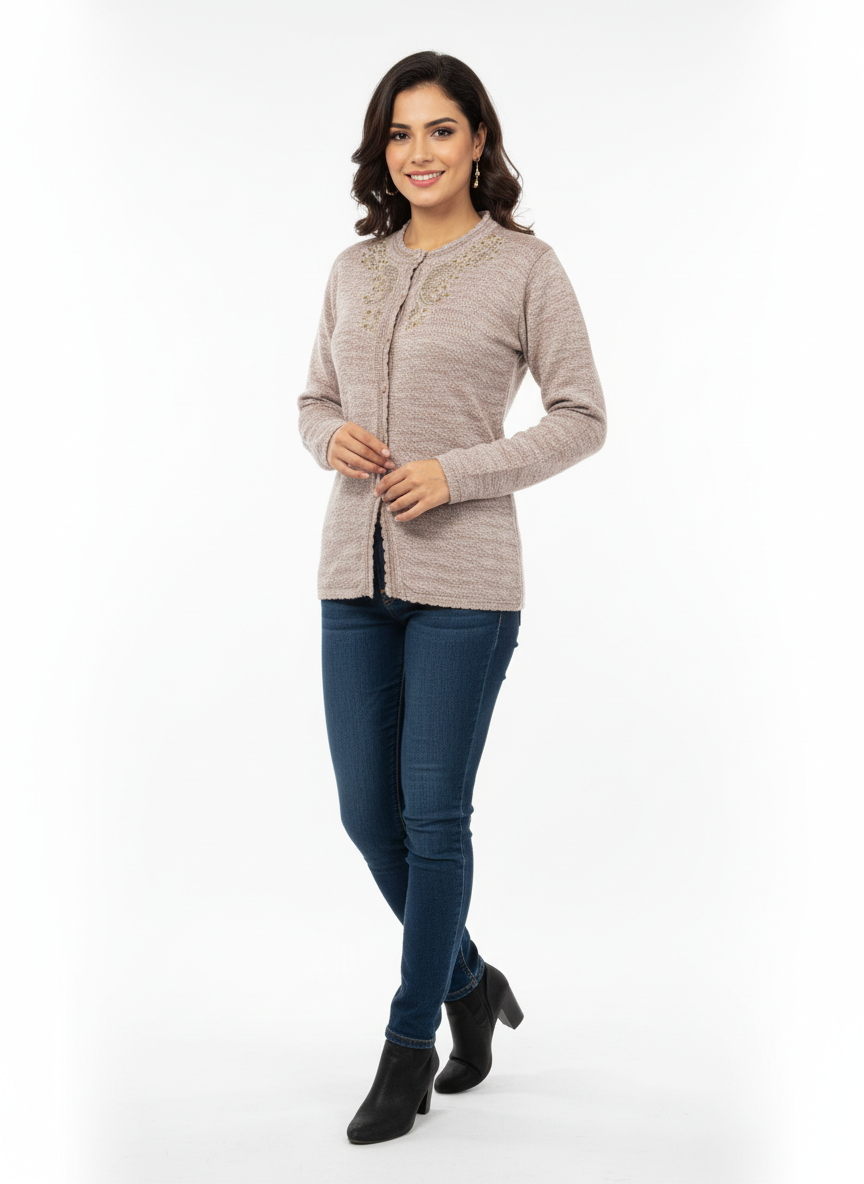 Winter Rainbow Embroidery Cardigan - Light Brown