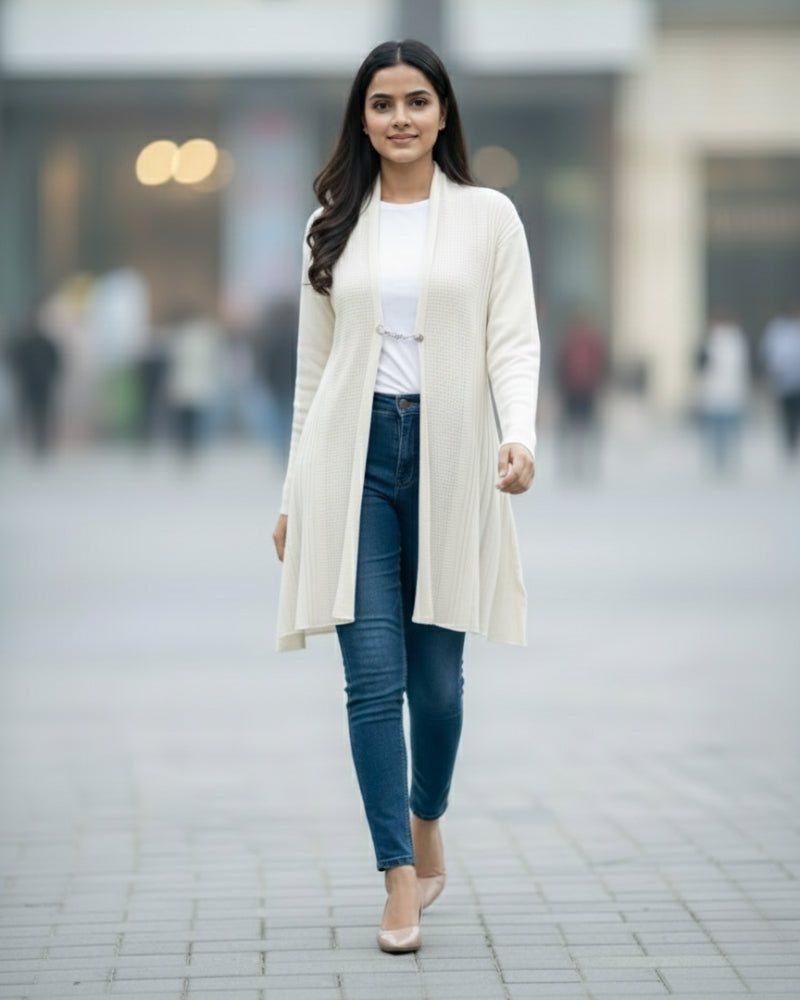 KRITI Women’s Long Knit Shrug – Premium Wool Blend | Lightweight Winter Layer | Stylish Cream Color Open-Front Shrug for Everyday Wear
