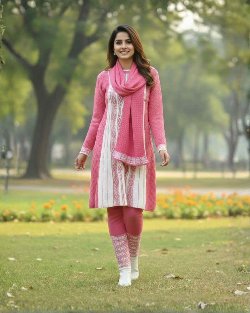 Full Sleeve Knee Length Hair Wool Fabric Pink Color 3 PC Kurti Set For Women