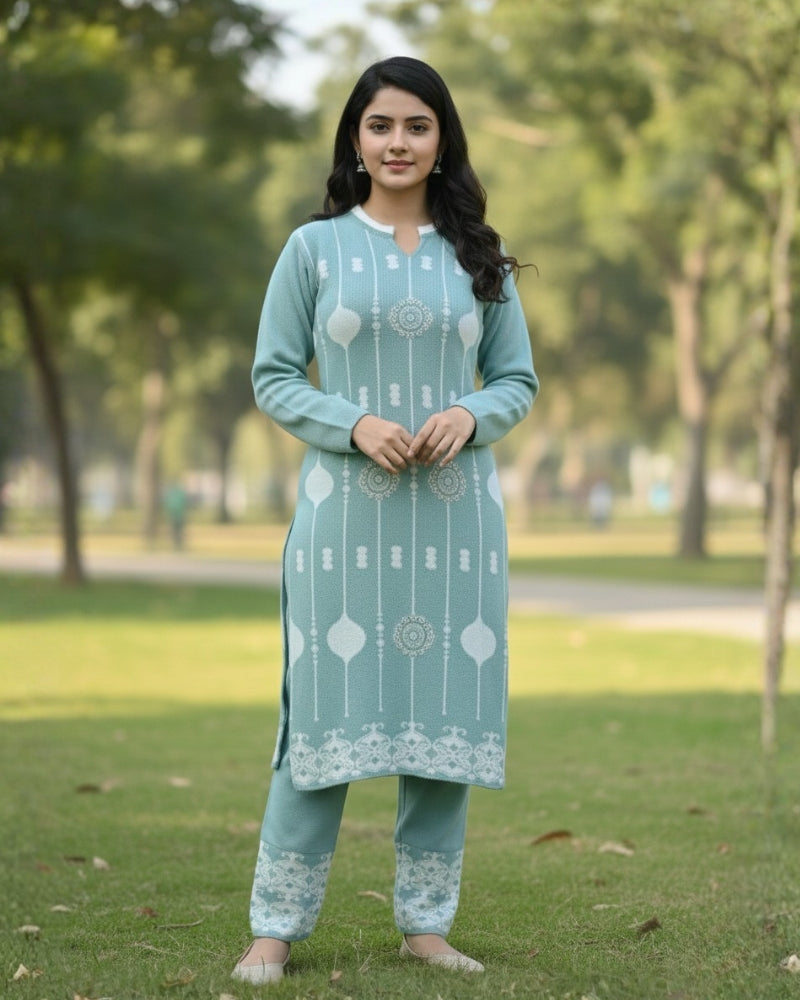 KRITI Wool Blend 3-Piece Embroidered  Kurti Set for Women | Warm Knitted Kurti Lower & Stole Dupatta | Winter Indian Ethnic Wear Suit | M to XXL |