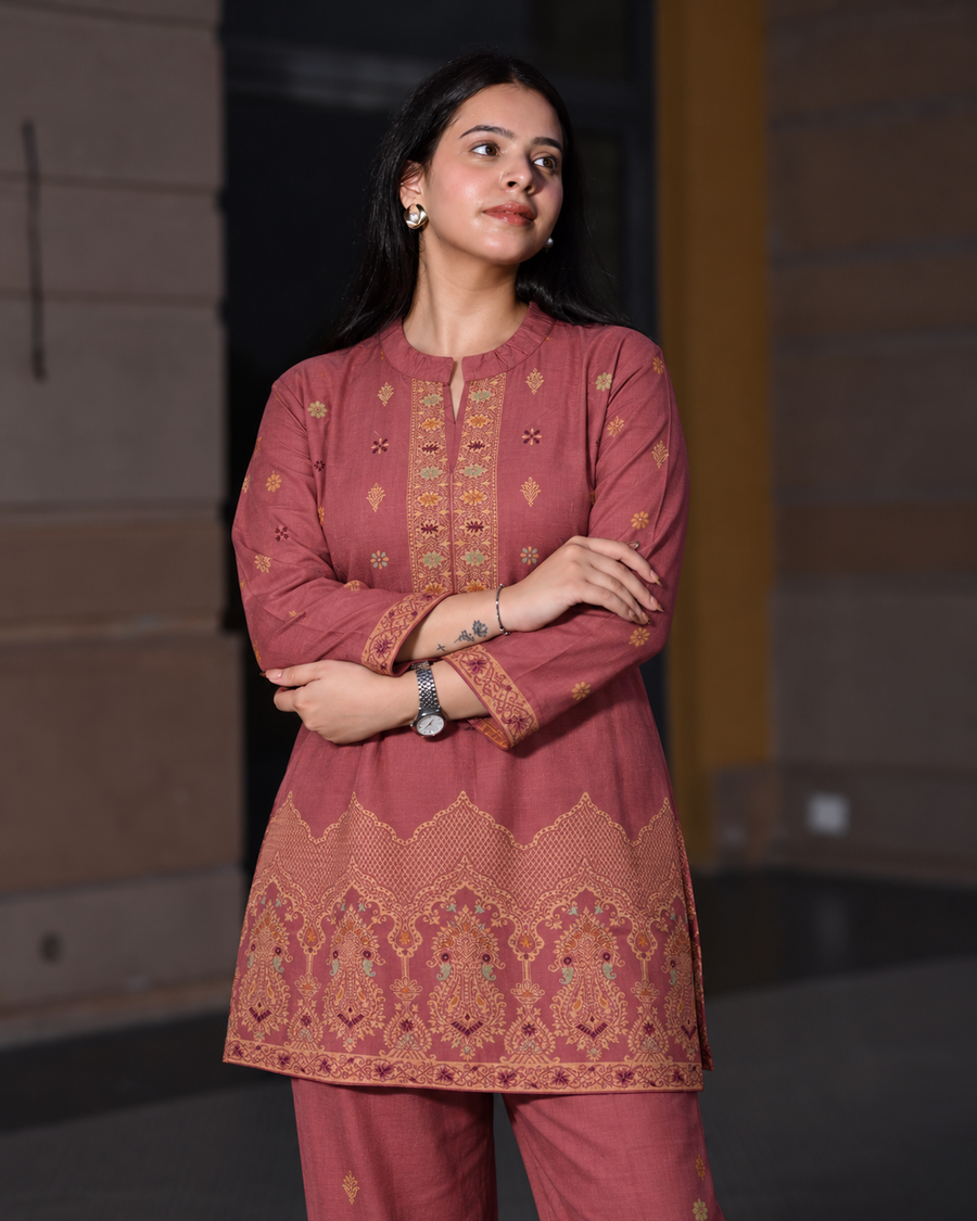 Winter Woolen Printed Cord Set - Peach