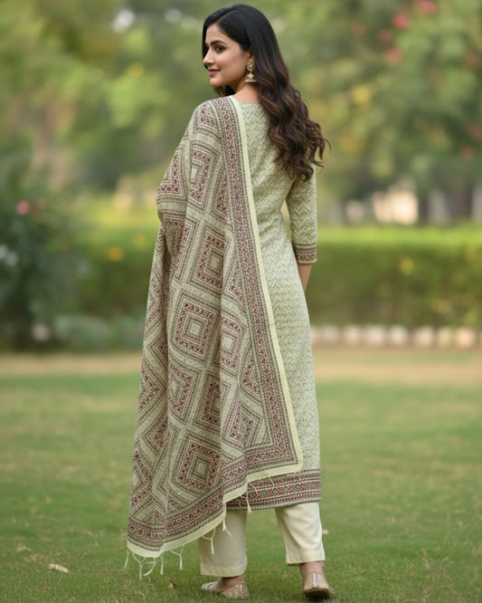 KRITI महिलाओं के लिए डिजिटल प्रिंट ऊनी लेमन ग्रीन रंग का अनस्टिच्ड फ़ैब्रिक सूट सेट विंटरवियर 