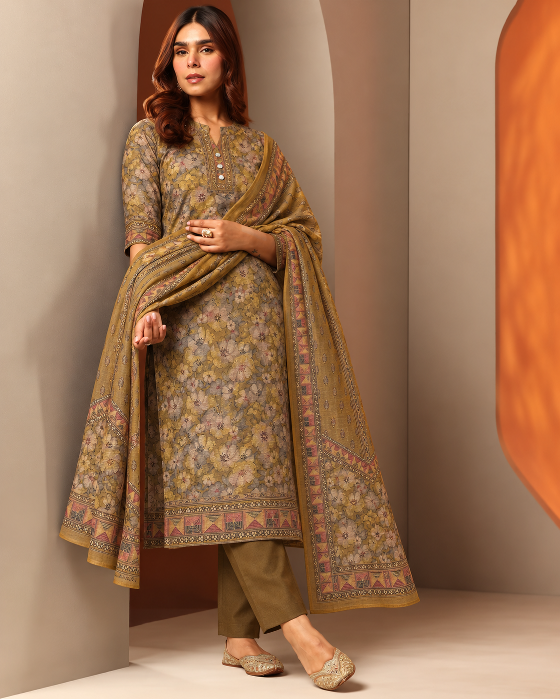 Embroidered Winter Woolen stitched Suit- Mustard