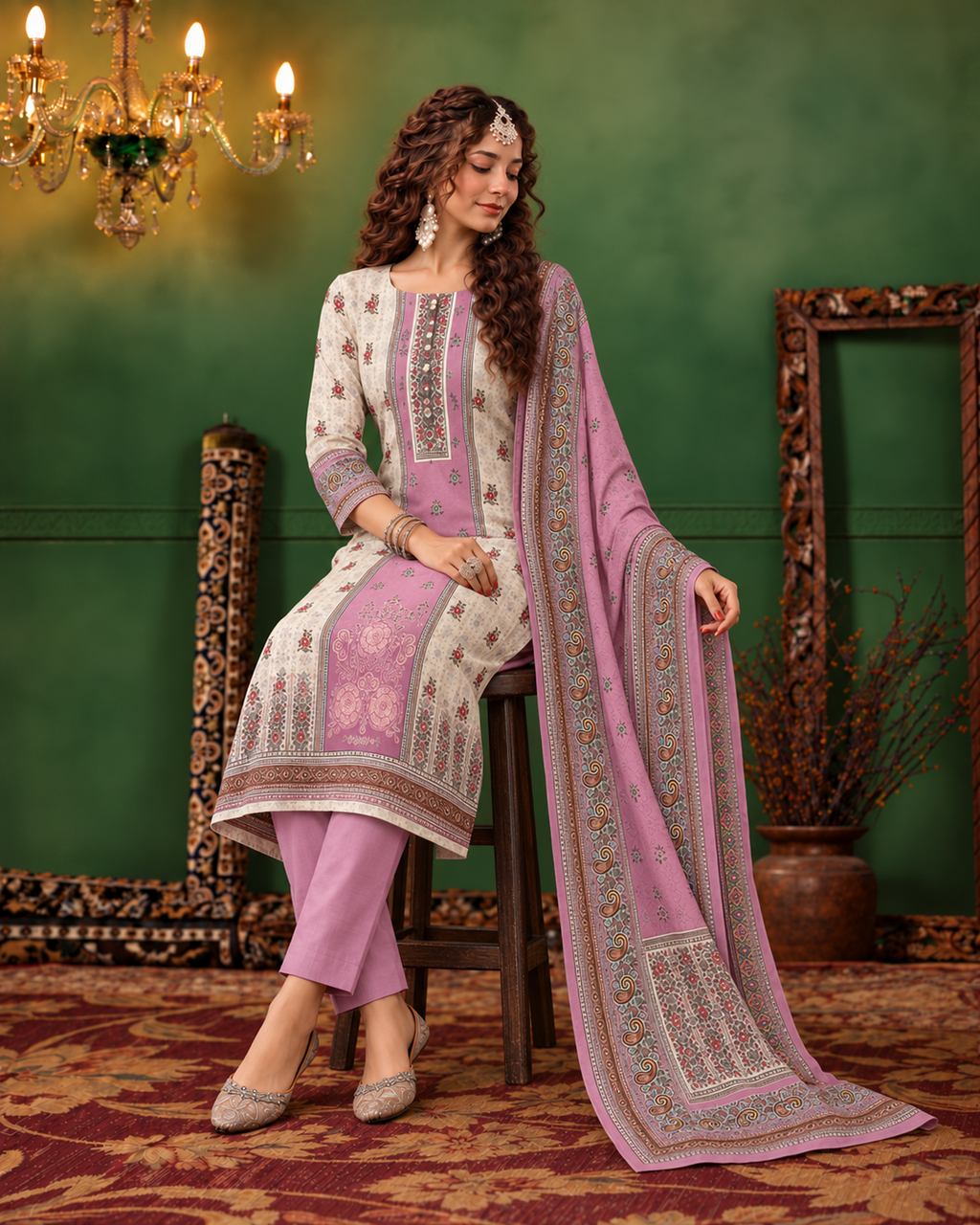 Embroidered Winter Woolen stitched Suit- Pink