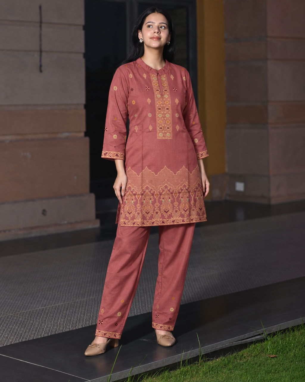 Winter Woolen Printed Cord Set - Peach