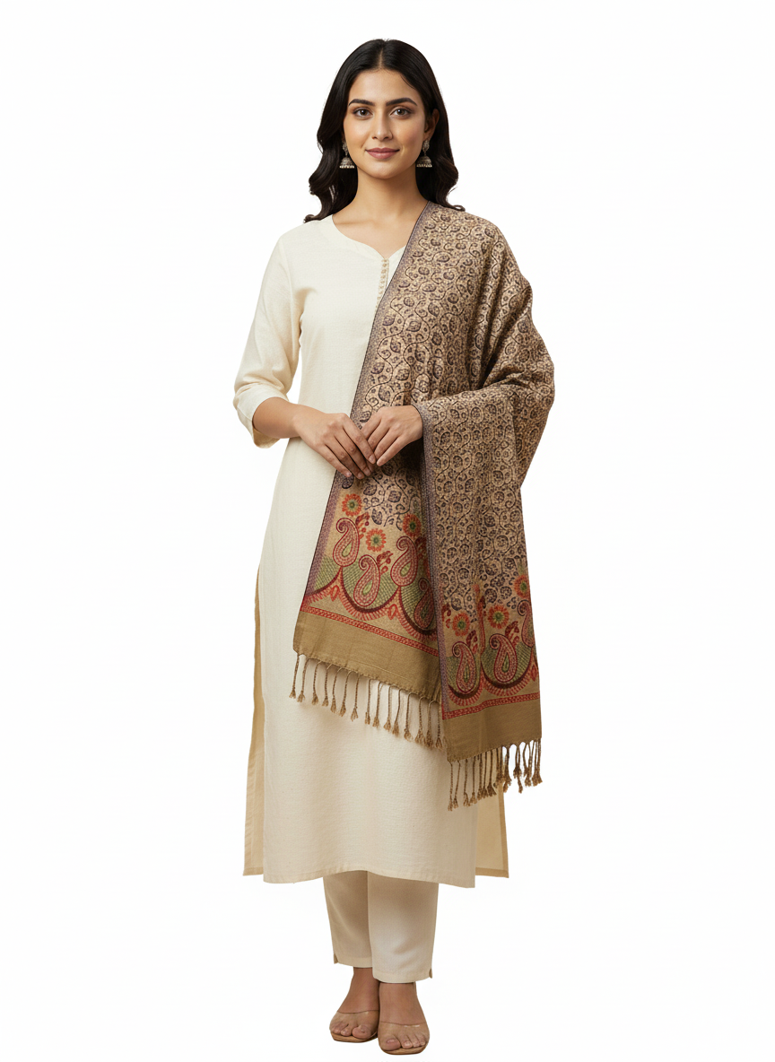 KRITI Paisley Pattern Woolen Beige Color Stole For Girl