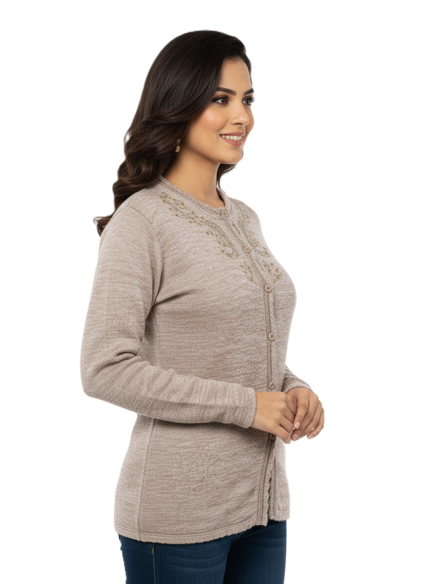 Winter Rainbow Embroidery Cardigan - Light Brown