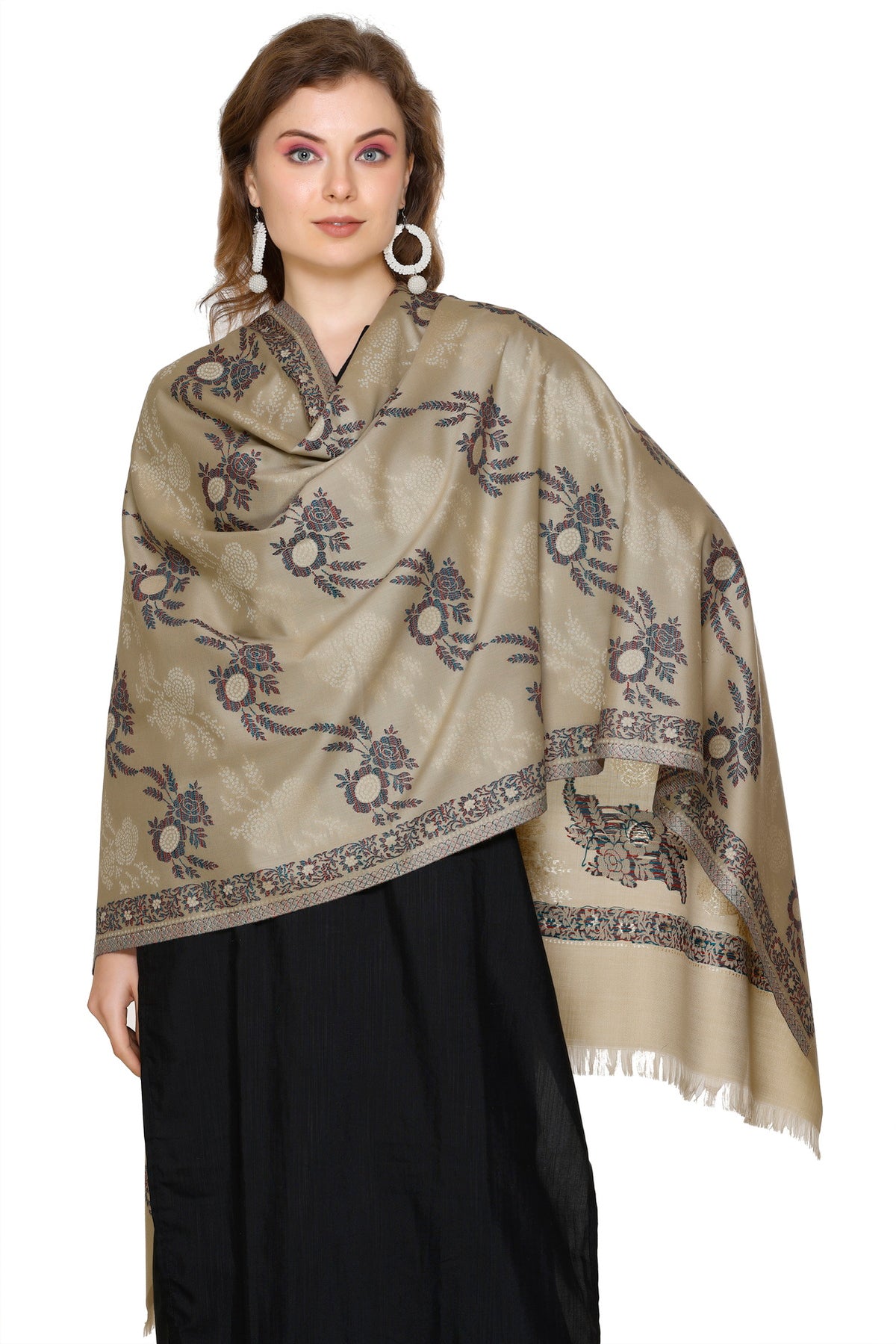 Floral Pattern Woollen Stole - Camel