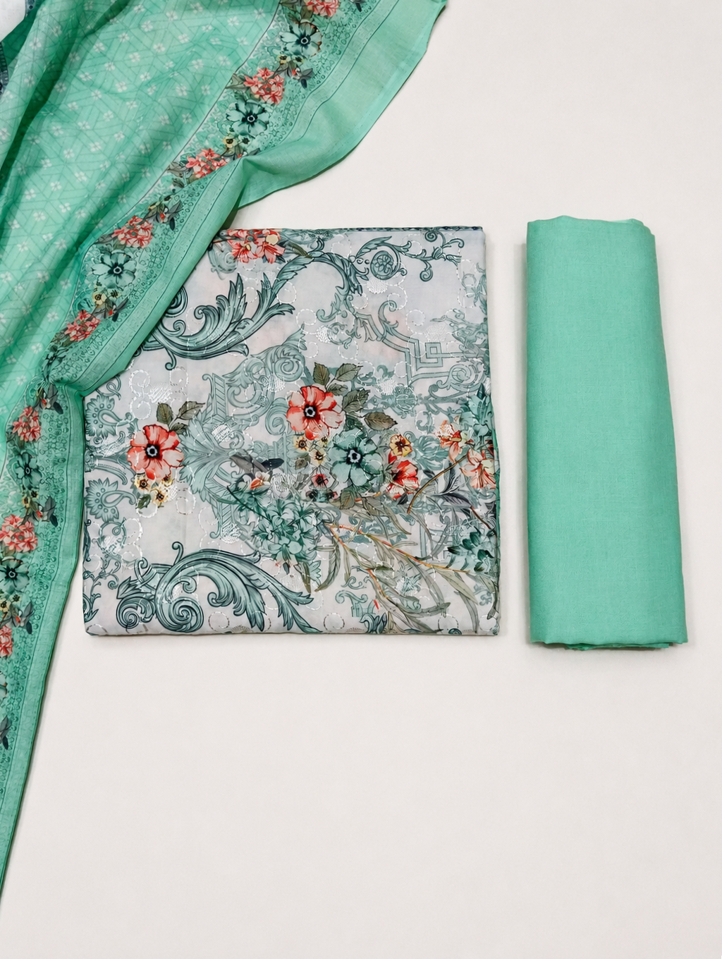 Designer Printed Cotton Unstitched Summer Suit - Green