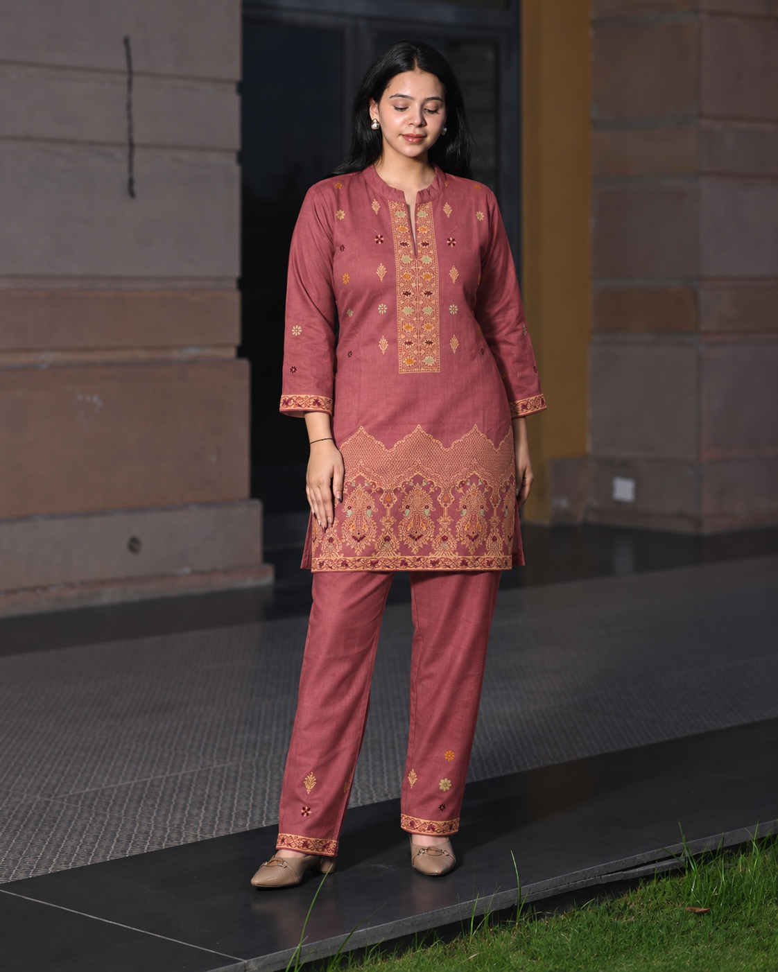Winter Woolen Printed Cord Set - Peach