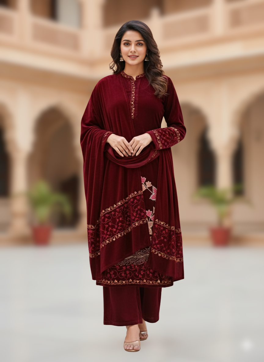 KRITI Winter Velvet 3 Piece Kurti Set Wine Color For Women