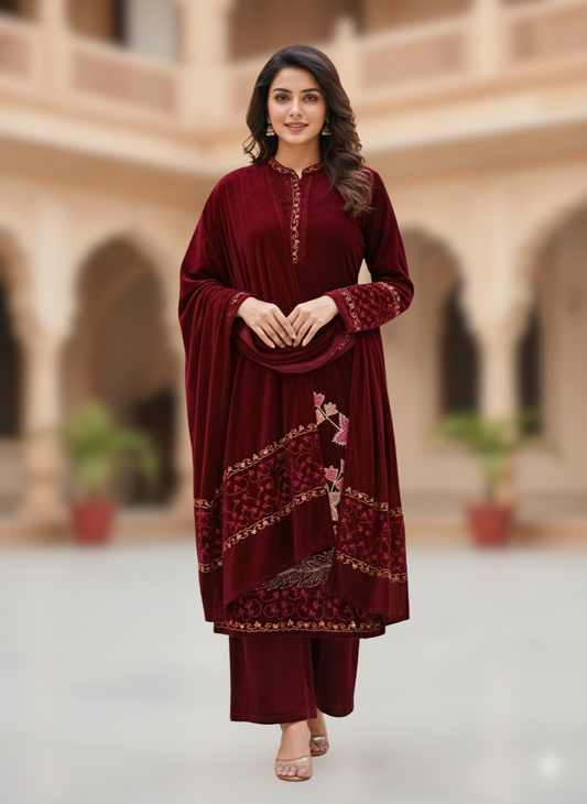 KRITI Winter Velvet 3 Piece Kurti Set Wine Color For Women