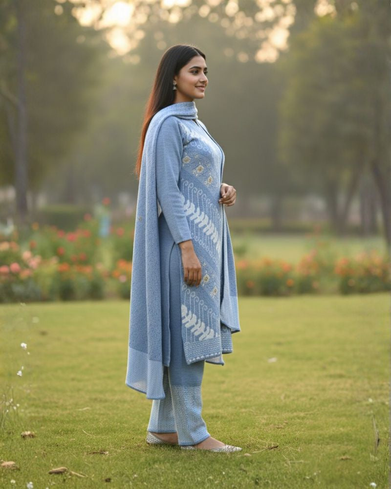 प्रीमियम 3-पीस ऊनी विंटर कुर्ती सेट | बॉटम और स्टोल के साथ बुना हुआ कुर्ता | M-XXL साइज़