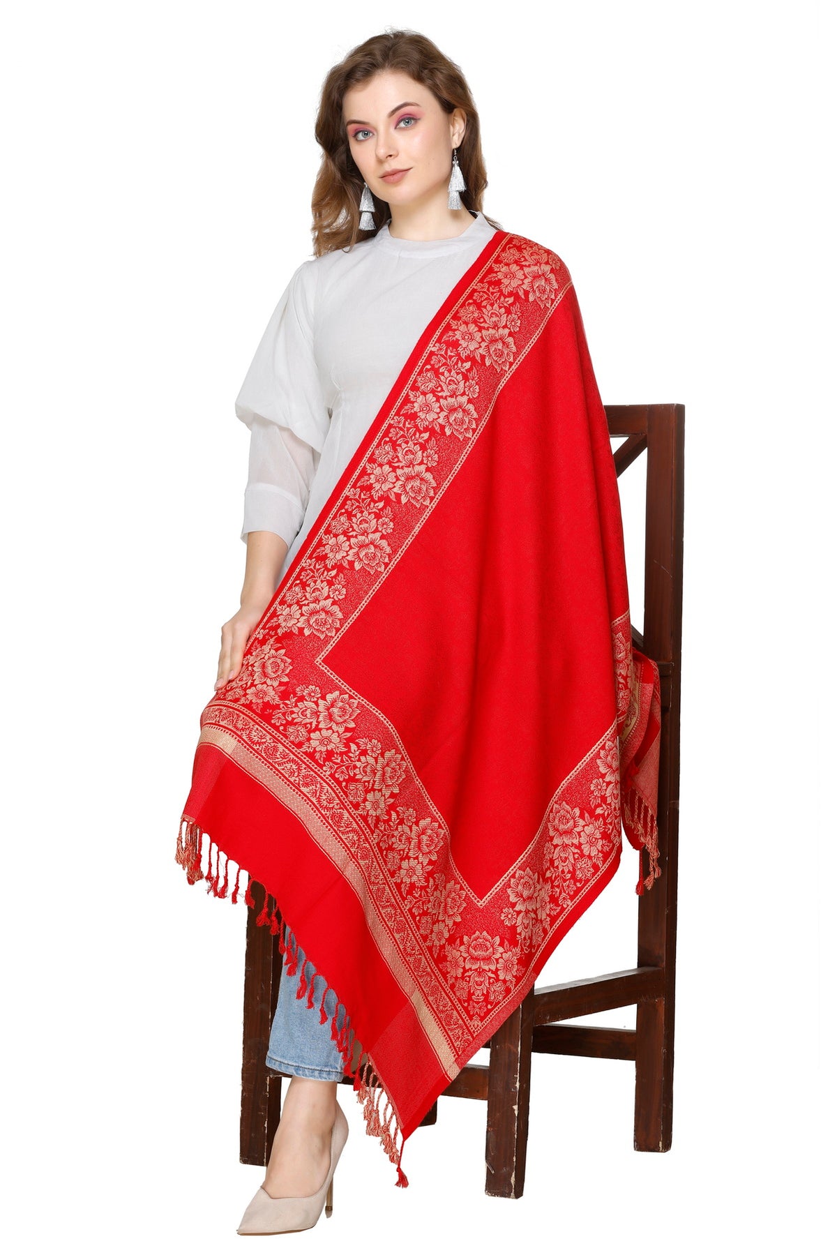 KRITI Floral Border Woollen Red Color Stole For Girl