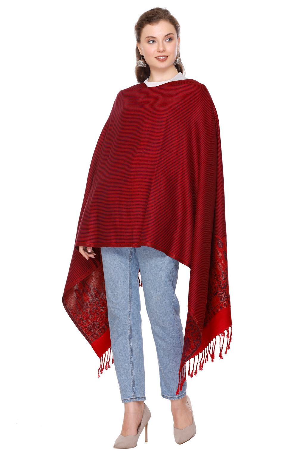 Woven Border Woollen Stole - Maroon