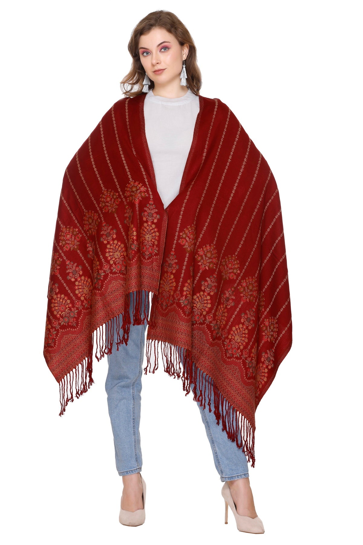 Floral Design Woollen Winter Stole - Maroon