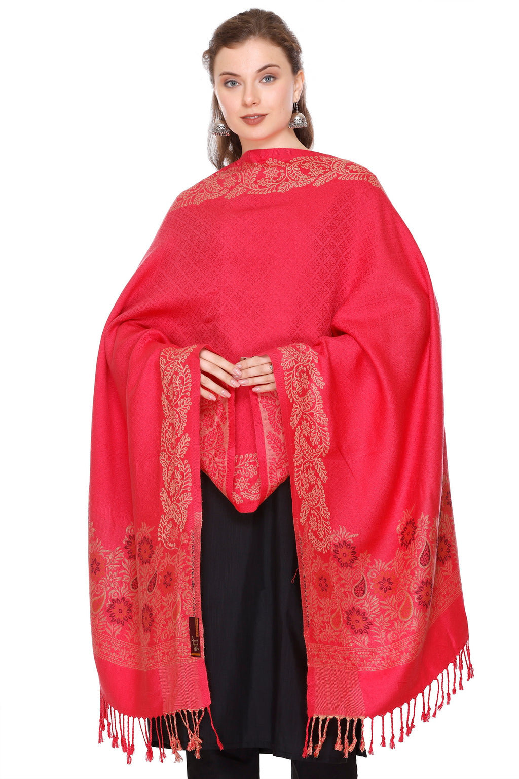 Floral Border Woollen Color Stole - Carrot