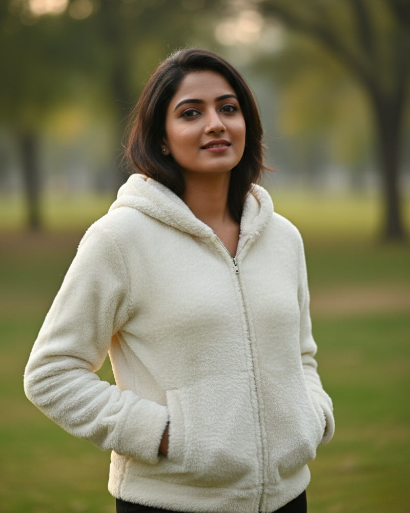 Woolen Blend Warm Hooded Sweatshirt - White