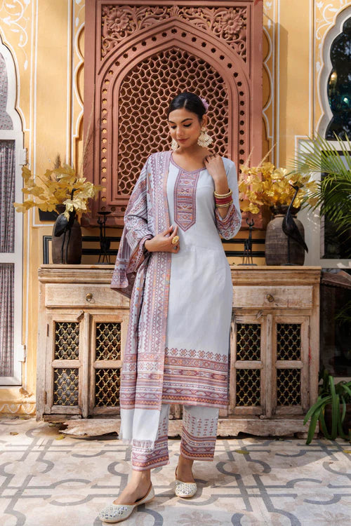 Cotton Silk Pant Suit 3 Pcs- Light Grey