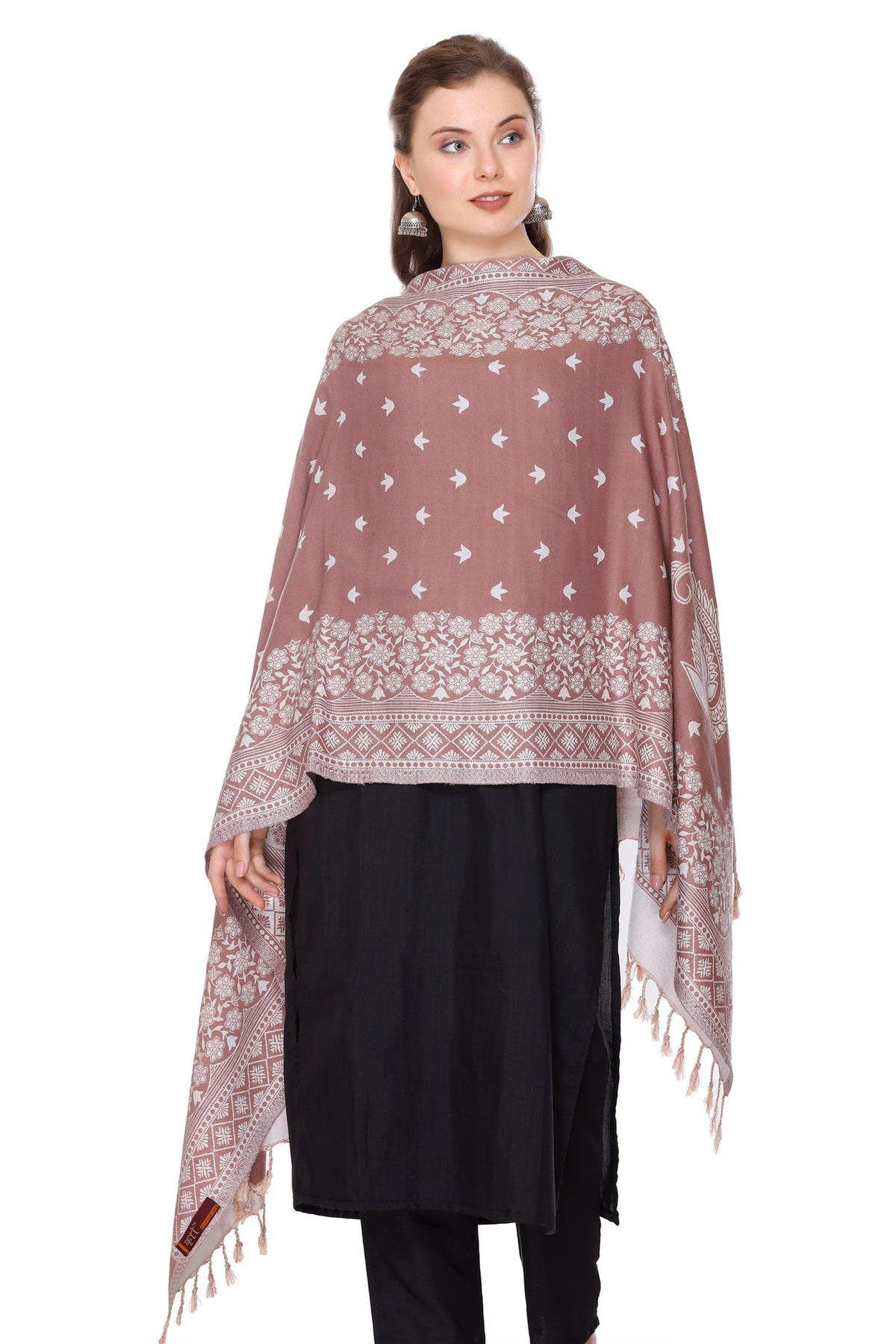 Floral Designer Woollen Stole - Brown