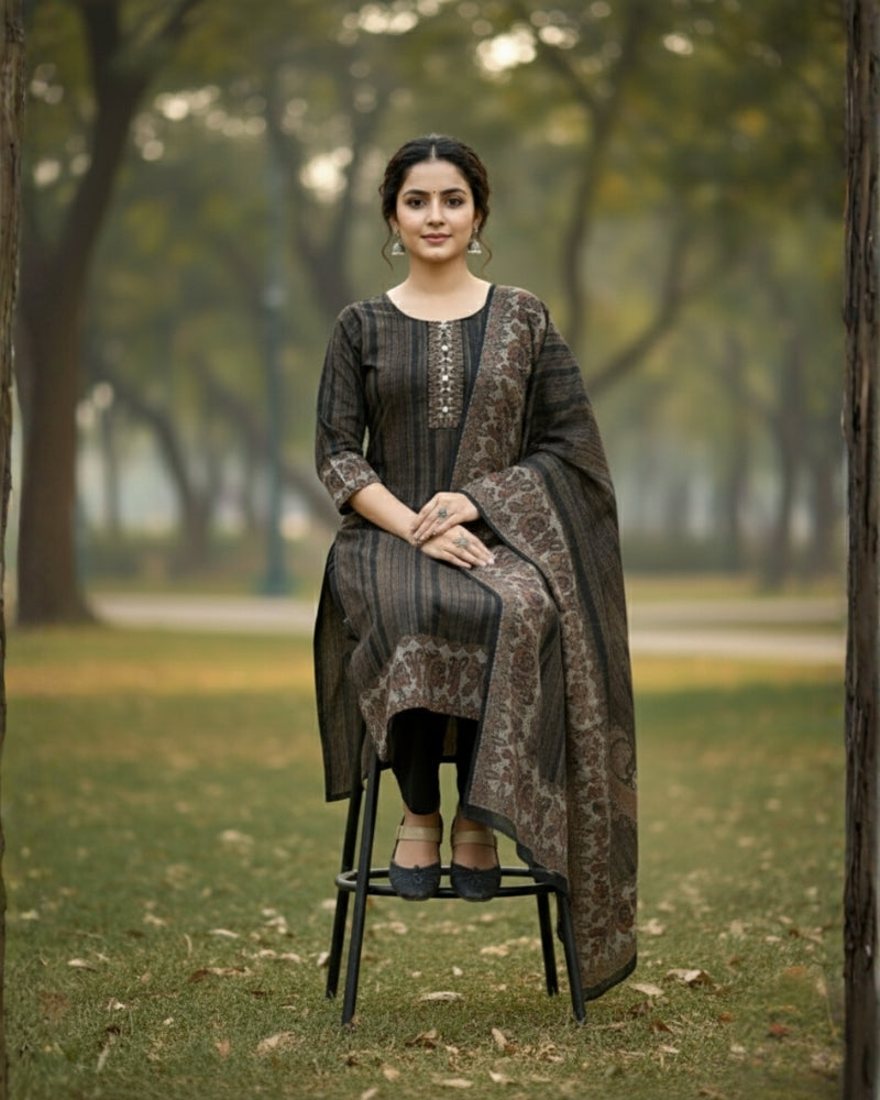 KRITI Winter Woolen Digital Print Stitched Suit Black Color For Women