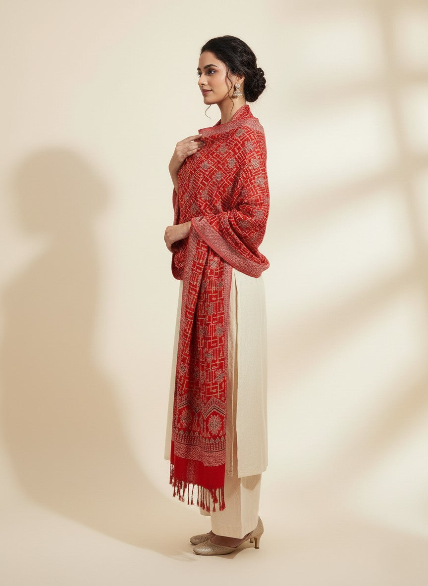 Border Design Woolen Winter Stole - Red