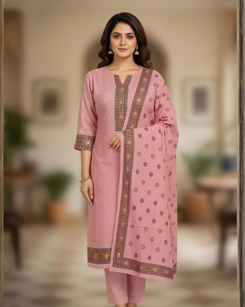 KRITI Women's Digital Print Woolen Pink Color Unstitched Fabric Suit Set Winterwear